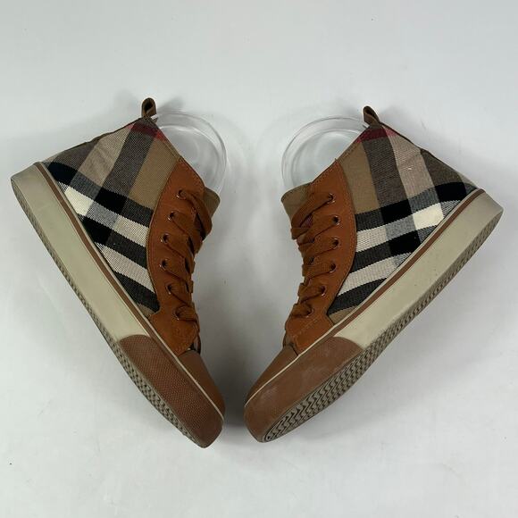 Burberry Kids Sz 2 (33) Nova Check High Top Sneakers Brown Tan Canvas Leather - Picture 4 of 11